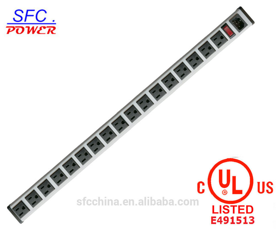 IEC 60320 Inlet C14 POWER STRIP, NEMA 5-15R 17 AMERICAN SOCKET, VERTICAL RACK / SURFACE MOUNT, METAL ENCLOSURE, D.P.