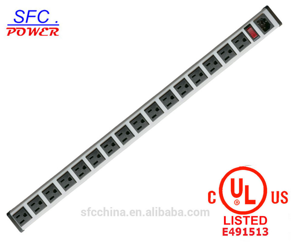 IEC 60320 Inlet C14 POWER STRIP, NEMA 5-15R 16 AMERICAN SOCKET, VERTICAL RACK / SURFACE MOUNT, METAL ENCLOSURE, D.P.