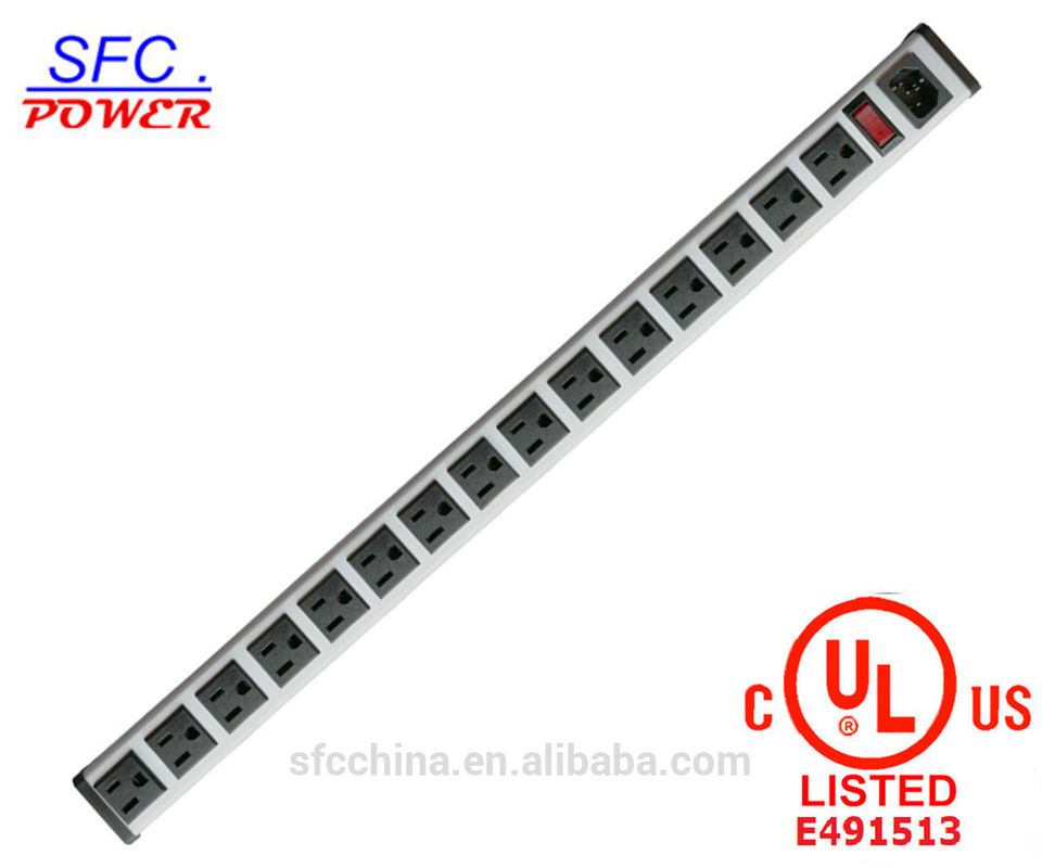 IEC 60320 Inlet C14 POWER STRIP, NEMA 5-15R 15 AMERICAN SOCKET, VERTICAL RACK / SURFACE MOUNT, METAL ENCLOSURE, D.P.